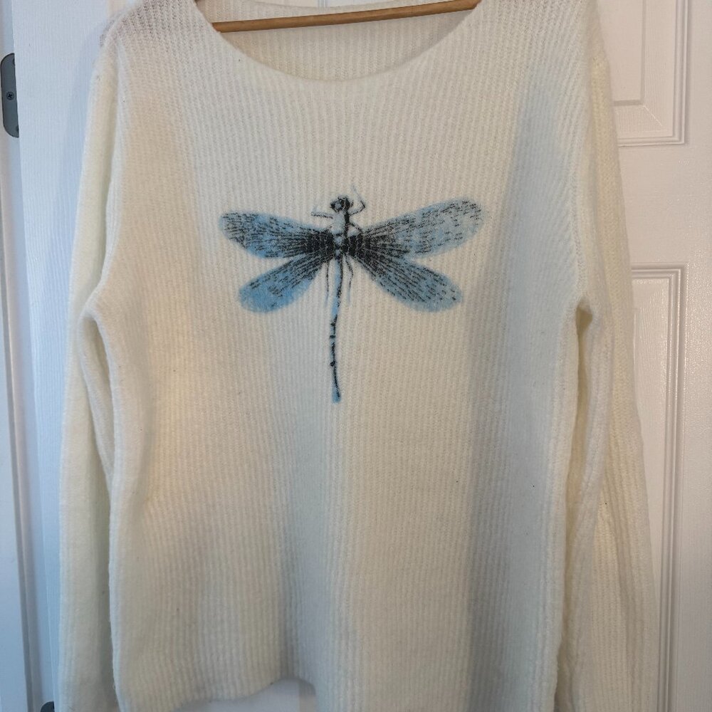 Cozy Chic! Fuzzy White Sweater with Blue Firefly